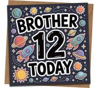 Brother 12th Birthday Card - Space Rocket & Planets Design, 145mm x 145mm Square Greeting Card with Kraft Envelope, Age 12 Boy Brother Birthday Card