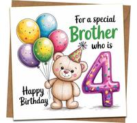 Brother 4th Birthday Card - “For a Special Brother Who Is 4” - Cute Teddy Bear & Balloons - Kids Boys Greeting - 145 x 145 mm - Includes Kraft Envelope