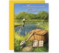 Brother 70th Fishing Birthday Card - Medium Sized Card (A5 Size -148mm x 210mm) with Yellow Envelope