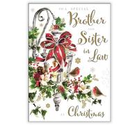 Brother and Sister-in-Law Christmas Card - Special Finishes - Festive Lantern and Robins - Illustrated Insert Leaf - Made in the UK