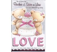 Brother And Sister-in- Law Wedding Day Card. 3 Fold Card. Cute Teddies On A Cake.