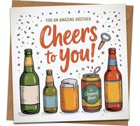 Brother Birthday Card - Cheers to You Beer Theme - Funny Illustrated Bottles - 145mm x 145mm Greeting Card with Kraft Envelope - For an Amazing Brother, Celebration, Congratulations