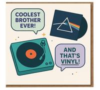 Brother Birthday Card - Coolest Brother Ever - Retro Vinyl Record Player Music Theme - Funny Greeting Card for Music-Loving