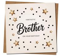 Brother Birthday Card - Fantastic Brother On Your Birthday - Gold Star Confetti Design - 145mm x 145mm Square Card, Includes Kraft Envelope