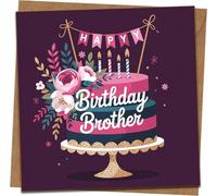 Brother Birthday Card - Happy Birthday Brother Cake Design, 145mm x 145mm Square Greeting Card with Kraft Envelope, Blank Inside