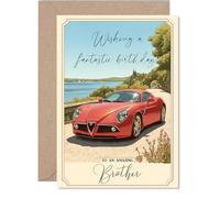 Brother Birthday Card - Red Sports Car - Happy Birthday Card for Brother from Sister Sibling, A5 Countryside Landscape Bday Greeting Cards