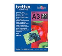 Brother BP71G Photo Paper, Premium Plus Glossy, 20 Sheets, Brother Genuine Supplies, White, A3, 297 mm (W) x 420 mm (L)