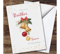 Brother Christmas Bells Holly With Bows Gold Glitter Personalised Christmas Card - Special Relative Personalised Christmas Card, Adult Christmas Card