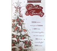Brother & Family Christmas Card - Christmas Tree with Red Foil Verse and 8 Page Insert 9x6"