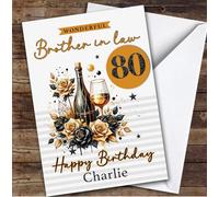 Brother-In-Law 80th Personalised Birthday Card Black And Gold Champagne | Personalised Birthday Card For Brother-In-Law, Him, 80th, Alcohol, Milestone Birthdays