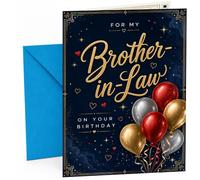 Brother In Law Birthday Card Gold Script and Balloons | Large A5 Card with Printed Inside Message; Dark navy with ornate gold border, stars and hearts for Brother In Law Birthday