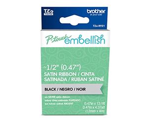 BROTHER P-Touch Embellish Black Print on Silver Satin Ribbon TZER931 - ~½” Wide x ~13.1’ Long for use with P-Touch Embellish Ribbon & Tape Printer