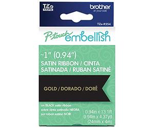 Brother P-Touch Embellish Gold Print on Black Satin Ribbon TZE-R354 - ~1" Wide x 13.1’ Long (24mm x 4m/4.37yds), TZER354