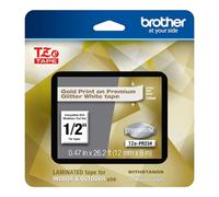 Brother P-Touch TZe-PR234 Gold Print on Premium Glitter White Laminated Tape 12mm (0.47”) Wide x 8m (26.2’) Long, TZEPR234