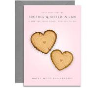 Brother & Sister-in-Law 5th Anniversary Card - Wood Wedding Anniversary Card - Wood Hearts Design - A5 Size Card with Grey Envelope