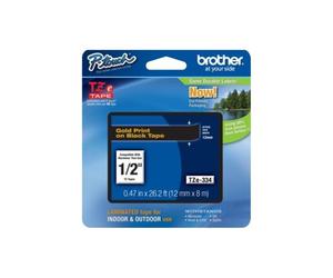 Brother TZE334 TZe Standard Adhesive Laminated Labeling Tape 1/2w Gold on Black