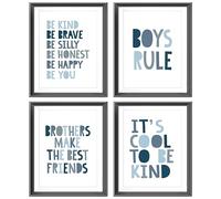 Brothers Make The Best Friends Boys Rules Affirmations Poster Prints for Home Boys Room Playroom Nursery Classroom Decor,Boho Navy Blue Colors Decorations Prints Wall Art Unframed 4pcs 12x16 Inches