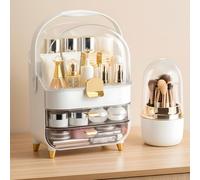 Brothersbox Makeup Organizer Countertop, Skincare Organizers with Clear Lid & 2 Drawers and Brush Holder, Make up Organizers for Vanity, Cosmetic Organizer for Bathroom Counter Dresser (White)