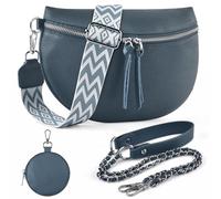 BROTOU Genuine Leather Crossbody Handbag with Adjustable Wide Strap, Chain Strap & Small Cosmetic Bag, Large Capacity Shoulder Bag for Ladies Girls Travel Shopping Daily Use (B-Blue)
