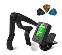 BROTOU Guitar Tuner and Capo Set, Clip-On Digital Tuner with LCD Display, Quick-Change Aluminium Capo for Acoustic Guitar, Electric Guitar, Bass, Violin, Ukulele, Includes 3 Picks
