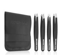 BROWBLOOM 4Piece Set of Professional Tweezers for Women Facial Hair, Black Stainless Steel Precision Tweezers for Ingrown Hair, Eyebrow Tweezers for Men Comes in Carrying Pouch (Black Set)