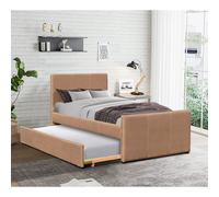 (Brown, 2 Kerri Mattresses) Comfy Living 3ft Fabric Bed Frame With Trundle Bed