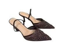 ,Brown,35,Embroidered Stiletto Kitten Heels for Women Pointed Toe Mesh Slingback Heeled Sandals with Bridal Party Wedding Pumps