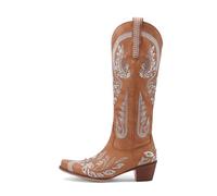 Brown,39,Women's Embroidered Cowgirl Cowboy Boots, Fashion Square Toe Rhinestone Mid Calf Snip Toe Western Boot, Winter Chunky Heel Side Zipper Knee High Boot