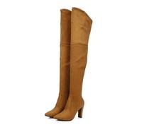 Brown,4.5 UK,Womens Thigh High Block Heel Over The Knee Boots Faux Suede Elasticity Long Boots Pointed Toe Side Zip Tall Boots for Winter Fall