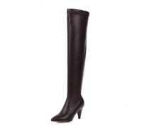 Brown,4 UK,Womens Chunky Kitten Heel Over The Knee Boots Pointed Toe Thigh High Boot Elasticity PU Leather Pull on Wide Calf Design and Comfy