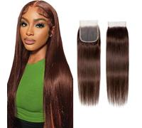 Brown 4x4 Free Part Chocolate Brown 4# Straight Closure Brazilian Human Hair Extensions Preplucked Bleached Knots Sew In Weave Closure For Women 12 Inch
