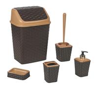 URBNLIVING 5 Pc Rattan Bathroom Bin Toilet Bowl Brush Toothbrush Soap Dispenser Holder Set (Brown)