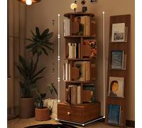 Brown 57.1" Rotating Bookshelf with Top Storage & Drawer Lockable 360° Display Shelves Side Bookends Multi-Size Bookcase for Books & Decor
