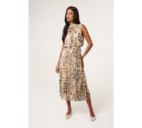 Brown Abstract Leopard Print Sleeveless Pleated Midi Dress Blue Vanilla Brown M