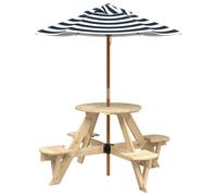 (brown and blue) vidaXL Picnic Table for 4 Kids with Umbrella Play Table Round Solid Wood Fir