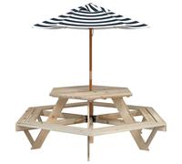 (brown and blue) vidaXL Picnic Table for 6 Kids with Umbrella Play Table Hexagon Solid Wood Fir