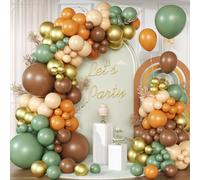 Brown and Green Balloon Arch Kit, 147pcs Coffe Brown Orange Gold Balloon Garland with Nude Green Balloon Latex Balloons for Jungle Safari Wild One Woodland Party Birthday Garden Party Decoration