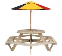 (brown and multicolour) vidaXL Picnic Table for 6 Kids with Umbrella Play Table Hexagon Solid Wood Fir