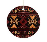 Brown and Red Tribal Pattern Double-Sided Ceramic Christmas Ornaments - Round Hanging Mini Xmas Tree Decorations, Ideas for Farmers, Rustic Home Decor for Indoor Outdoor Tree Decor