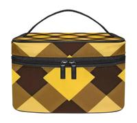 Brown and Yellow Checkered Pattern Double-Layer Waterproof Cosmetic Bag Portable Travel Toiletry Organizer with Pockets for Makeup Accessories