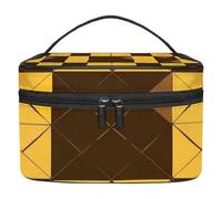 Brown and Yellow Checkered Print Double-Layer Waterproof Cosmetic Bag Portable Travel Toiletry Organizer with Pockets for Makeup Accessories