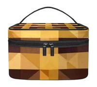 Brown and Yellow Checkered Prints Double-Layer Waterproof Cosmetic Bag Portable Travel Toiletry Organizer with Pockets for Makeup Accessories