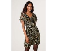 Brown Animal Print Frill V Neck Mini Mesh Dress Blue Vanilla Brown XL