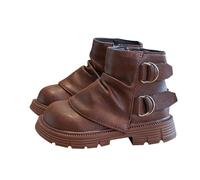 Brown Ankle High Fleece Lined Girls Boots Faux Leather Side Zipper School Shoes Punk-Inspired Riding Boots Double Buckle Straps Winter Warmth Hiking Shoes Non-Slip Soft Sole Kids Footwear Size 11.5