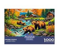 Brown Bear 100% Recycled Cardboard Bears by Stream in Rural Landscape 1000Pc Jigsaw Puzzle Adults Fun Activity for Rainy Days 38x26cm/1000pcs