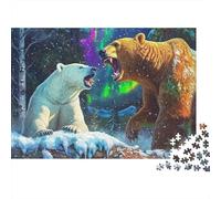 Brown Bear 1000 Piece Jigsaw Adults Grizzly Vs Polar Bear Under Northern Lights Premium Thick Sturdy Vibrant Challenging Stress Relief Gift 38x26cm/1000pcs