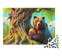 Brown Bear 1000 Piece Men Women Adults Puzzle Bear Holding Honey Pot Under Tree Premium Thick Sturdy Vibrant Challenging Stress Relief 38x26cm/1000pcs