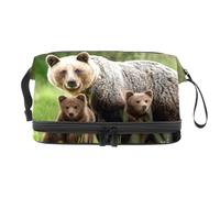 Brown Bear and Two Cubs Double Layer Cosmetic Bag for Women and Girls, Travel Toiletry Bag Makeup Handy Pouch Organiser Bag with Brush Compartment