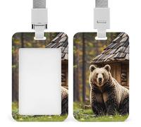 Brown Bear Forest Lodge ID Badge Holder Retractable Badge Reel Vertical Card Name Tag Holder with Breakaway Lanyard, ID Cards Holders Case for Nurse Security Staff Women Men