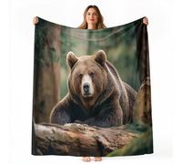 Brown Bear Forest Tree Print Throw Blanket 180x200 cm - 3D Design Thermal flannel Green Brown Blankets for Sofa Bed Settee Couch, Large Warm Cosy Cuddly Fluffy Throws